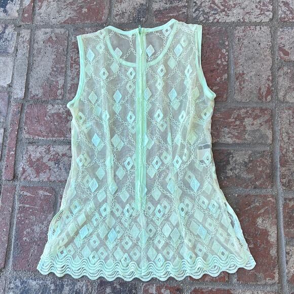Vintage CaRina Made in U.S.A. Green Blouse Lace Sleeveless Round Neck Sheer S - Picture 3 of 3